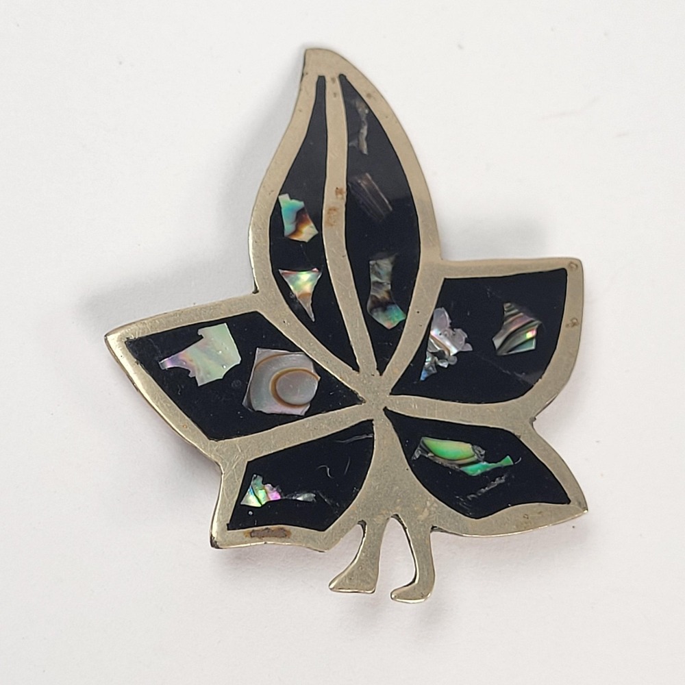 Vintage Alpaca Abalone Enamel Leaf Brooch Pin Black Inlay Shell Jewelry